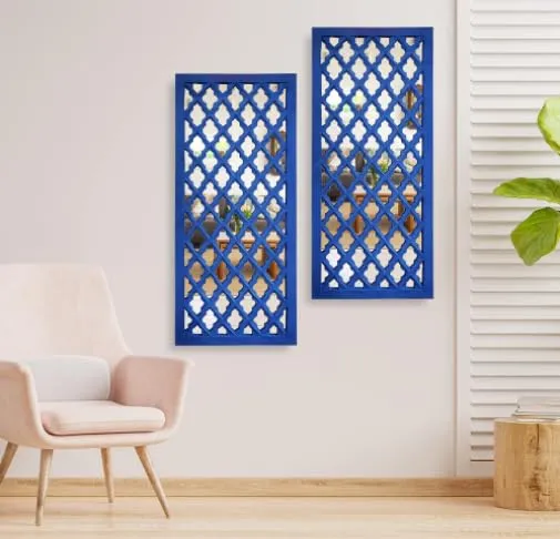 ANTIQUE DECORS Decorative Wooden Mirror Panels for Wall, 30x12 Inches, Set of 2, Blue