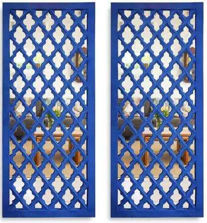 ANTIQUE DECORS Decorative Wooden Mirror Panels for Wall, 30x12 Inches, Set of 2, Blue