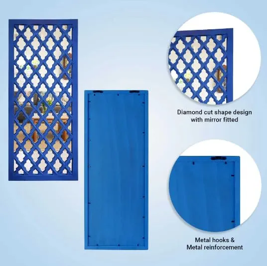 ANTIQUE DECORS Decorative Wooden Mirror Panels for Wall, 30x12 Inches, Set of 2, Blue