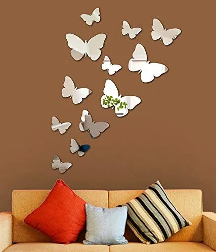 Atulya Arts 3D Butterflies Acrylic Sticker Decorative Mirror Wall Stickers for Bedroom Home & Office (Silver) - Pack of 12
