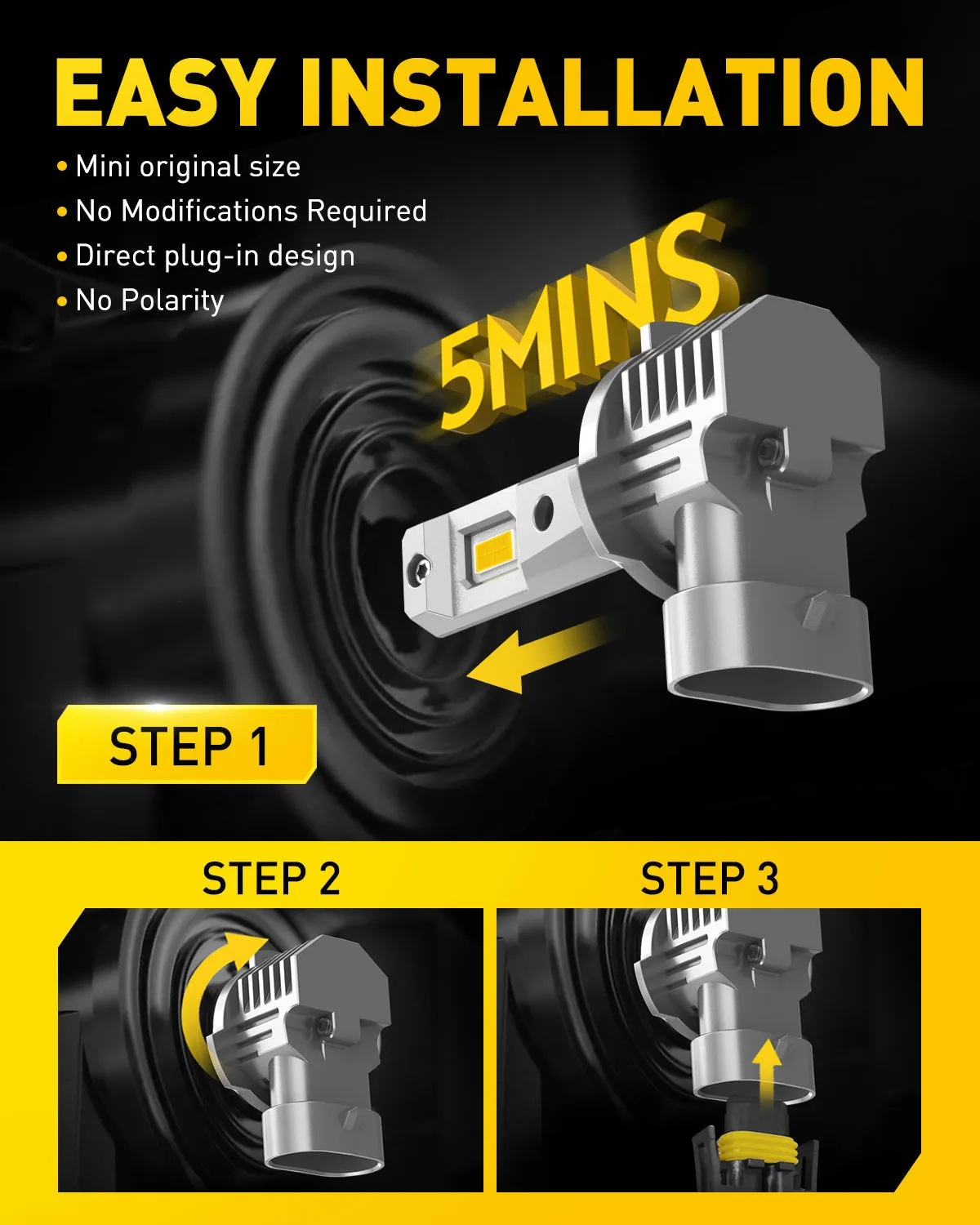 AUXITO H10 9140 9145 LED Fog Lights, 3000K Amber Yellow, 600% Brighter, Fanless, Plug and Play