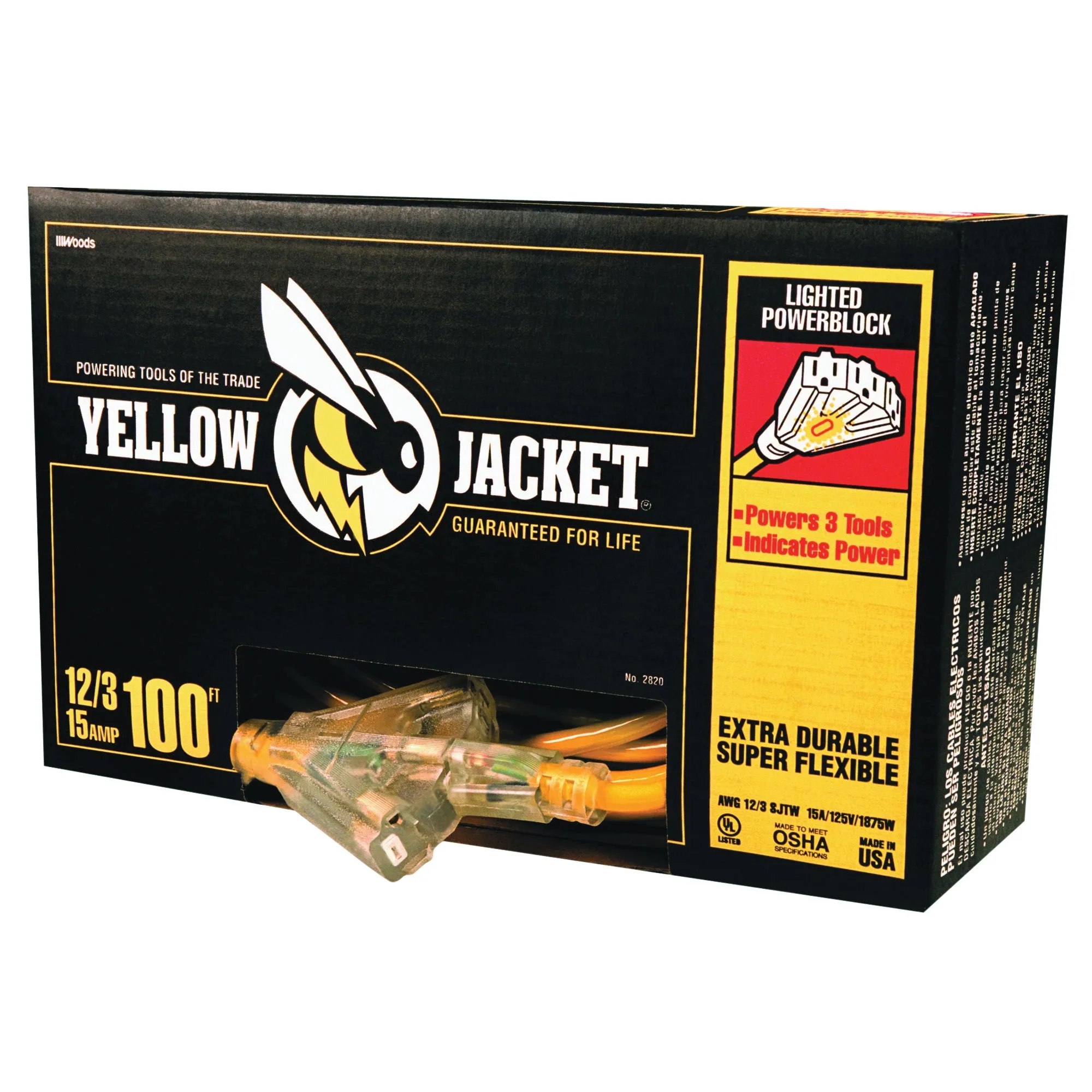 CCI 2820 Power Block, 100 ft L, 3 -Outlet, 15 A, 125 V, Yellow Sheath