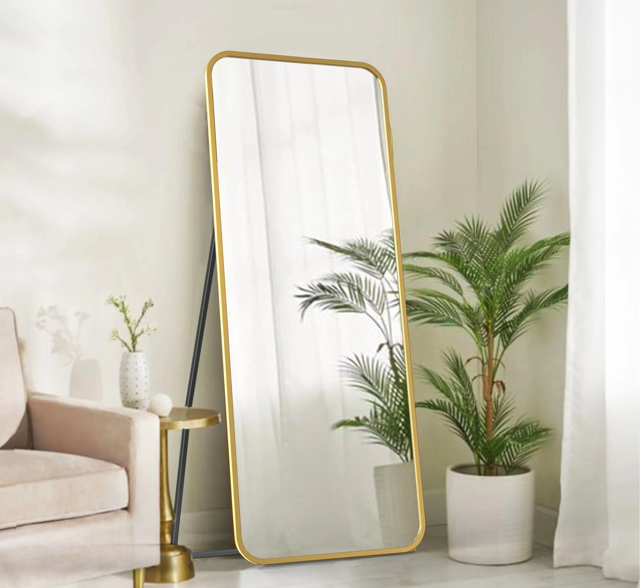 CORSICA DESIGNS 58x23x12 Rectangle Metal Freestanding Mirror for Living Room, Bedroom and Dressing Corner, Full Length Big Modern Mirror with Stand, Saint Gobain Glass (Rounded, 58"x23"x12")