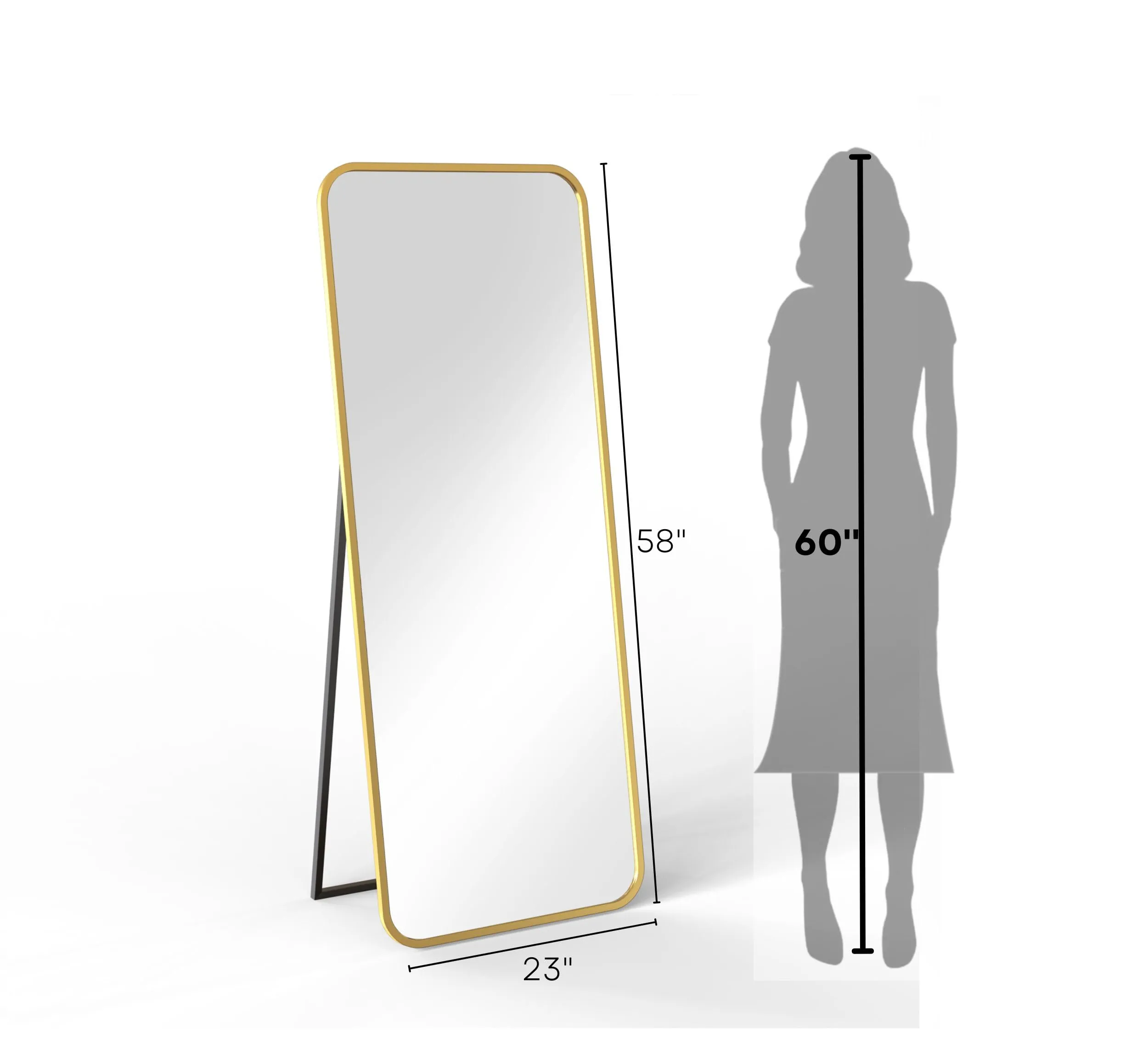 CORSICA DESIGNS 58x23x12 Rectangle Metal Freestanding Mirror for Living Room, Bedroom and Dressing Corner, Full Length Big Modern Mirror with Stand, Saint Gobain Glass (Rounded, 58"x23"x12")