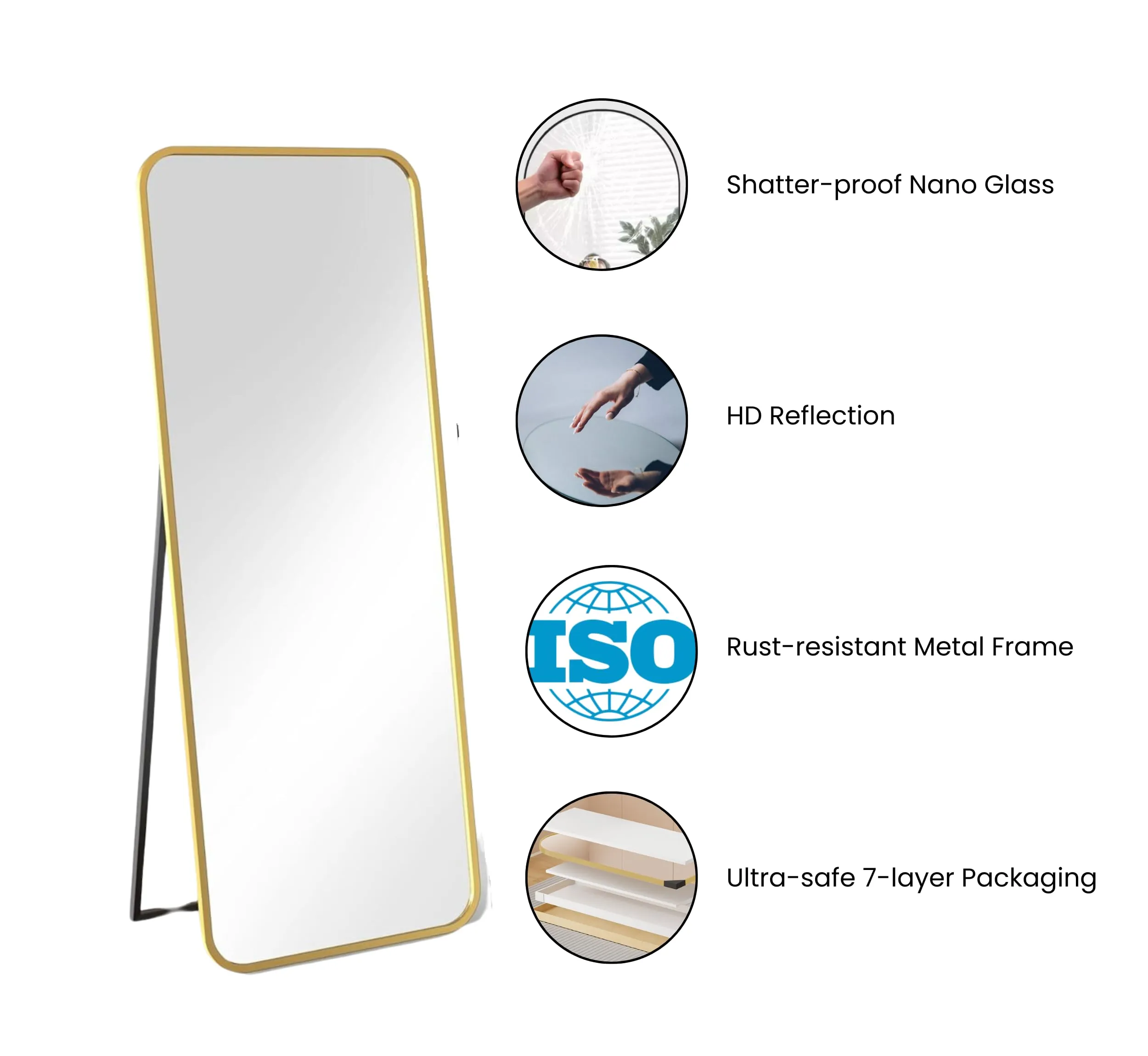 CORSICA DESIGNS 58x23x12 Rectangle Metal Freestanding Mirror for Living Room, Bedroom and Dressing Corner, Full Length Big Modern Mirror with Stand, Saint Gobain Glass (Rounded, 58"x23"x12")