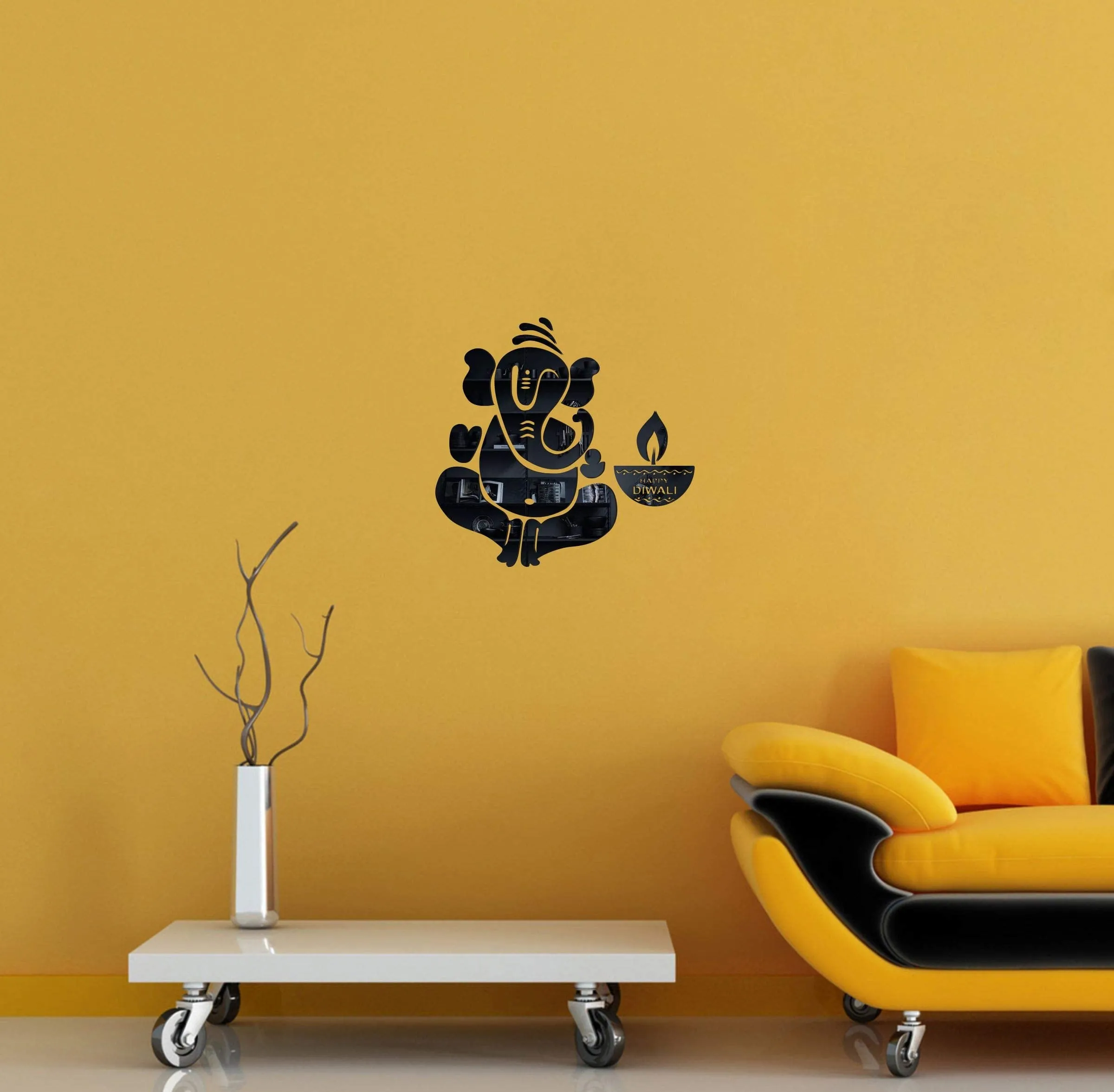 Decor Kafe Shri Ganesh Diwali Decorations Acrylic 3D Mirror Wall Sticker (Black)_MBL201