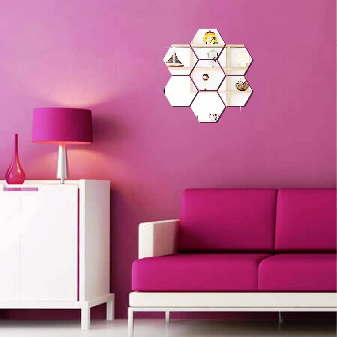 JEOGA Self Adhesive Hexagon Acrylic Mirror 3D Acrylic Decorative Stickers, Mirror for Wall,Home, Bedroom,Bathroom, Kitchen, 12.1 CM X 10.1 CM Pack of 7 with 10 Butterfly Acrylicwith