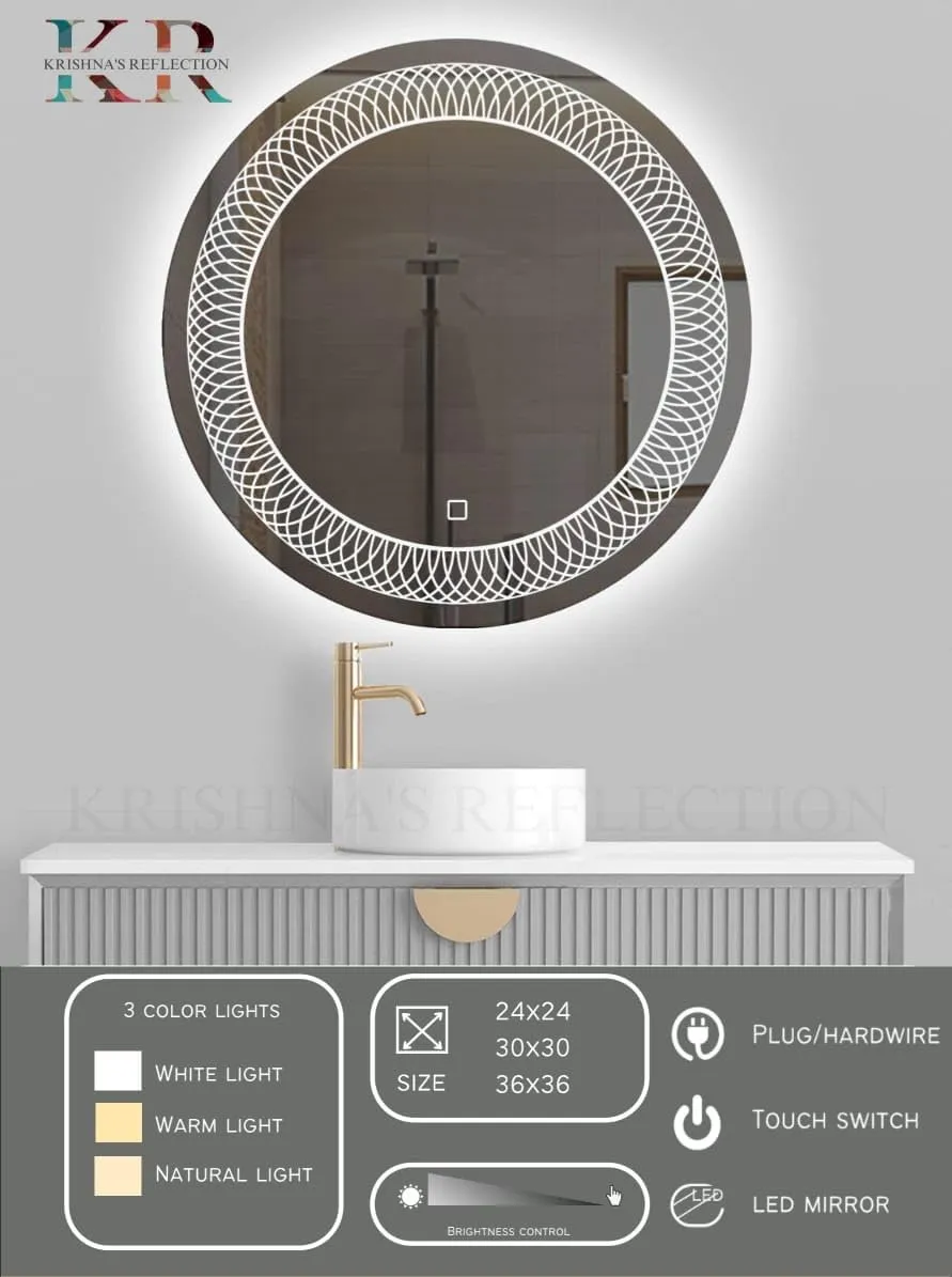 K R KRISHNA'S Reflection Wall Mount Round Touch Sensor LED Light Mirror Glass (Warm White, Natural White, 24" x 24 INCH)