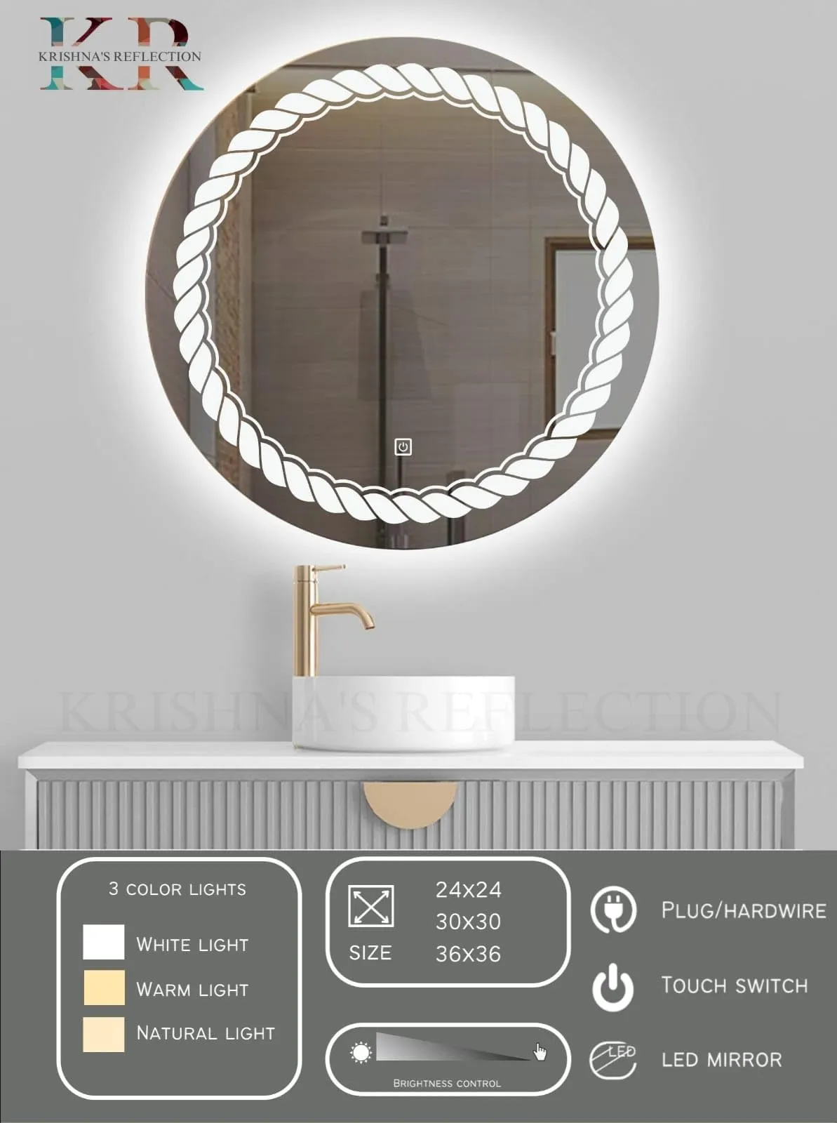 K R KRISHNA'S Reflection Wall Mount Round Touch Sensor LED Light Mirror Glass Warm White, Natural White, 24" x 24"INCH