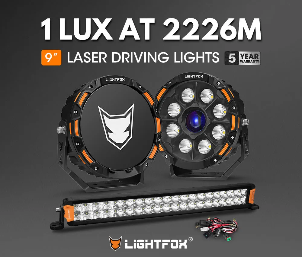 Lightfox 9 inch Osram Laser LED Driving Lights   20 inch Dual Row LED Light Bar   Wiring Kit