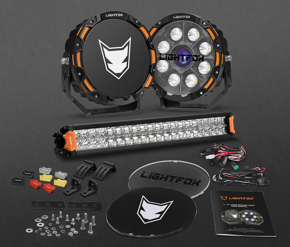 Lightfox 9 inch Osram Laser LED Driving Lights   20 inch Dual Row LED Light Bar   Wiring Kit