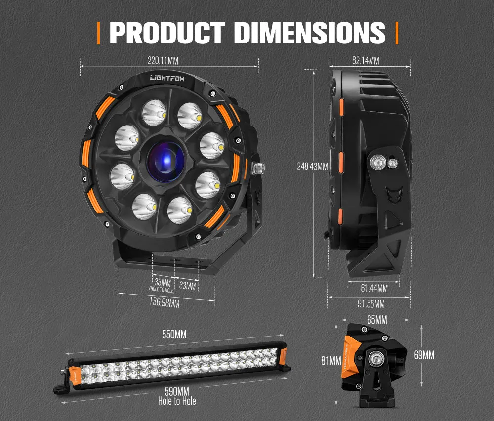 Lightfox 9 inch Osram Laser LED Driving Lights   20 inch Dual Row LED Light Bar   Wiring Kit