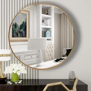 NEW METAL TRENDS Round Wall Mirror I Metal Frame I Modern Design Metal Frame I Bathroom Wash Basin, Bedroom, Drawing Room (Gold, 24 Inch)