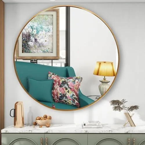 NEW METAL TRENDS Round Wall Mirror I Metal Frame I Modern Design Metal Frame I Bathroom Wash Basin, Bedroom, Drawing Room (Gold, 24 Inch)
