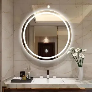 PLAZZIO Round LED Wall Mirror with Touch Sensor and 3 LED Lights (White,Warm,Natural White) Mirror for Bathroom,Wash Basin,Living Room (Size 24x24 Inch)