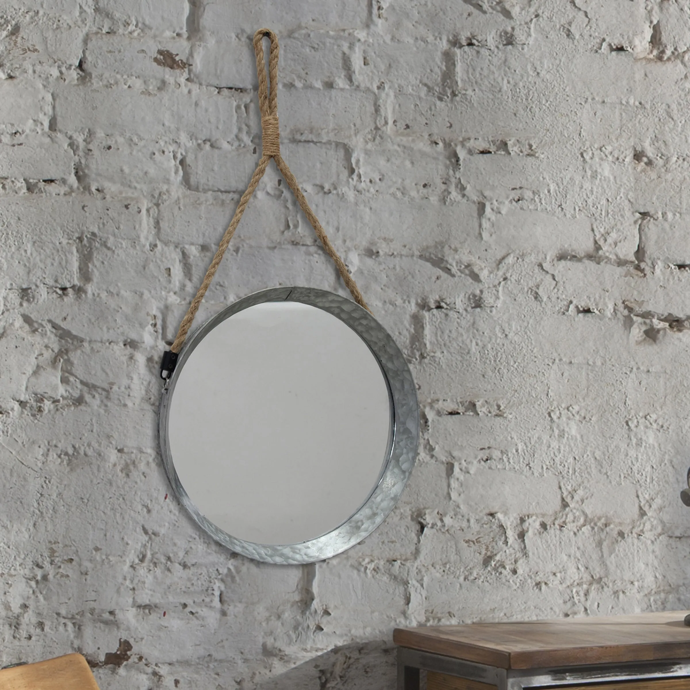 Rustic Round Galvanized Mirror with Rope Hanging Loop (WS)