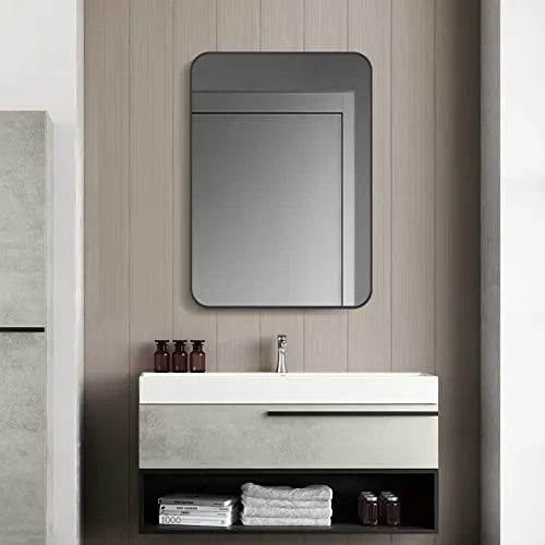 SNUGACE Black Metal Framed Mirror Rectangle Wall Mount Bathroom Vanity Mirror, 30” X 36”, Silver