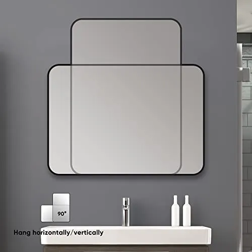 SNUGACE Black Metal Framed Mirror Rectangle Wall Mount Bathroom Vanity Mirror, 30” X 36”, Silver