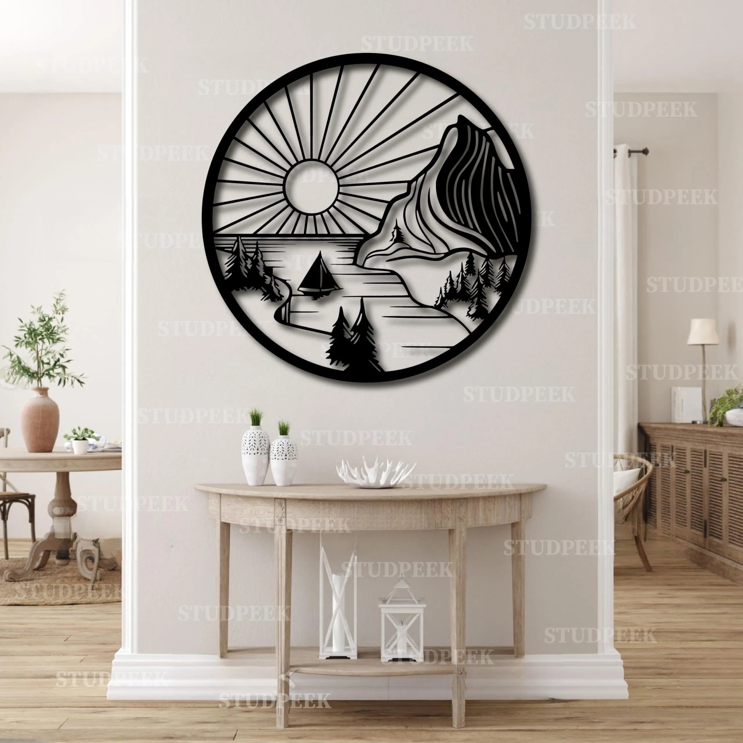 STUDPEEK Mountain Sun Art Design Wall Decor Acrylic Self Adhesive 3D Stylish Showpieces for Home Decor - Interior Decoration (16 x 16 Inch)