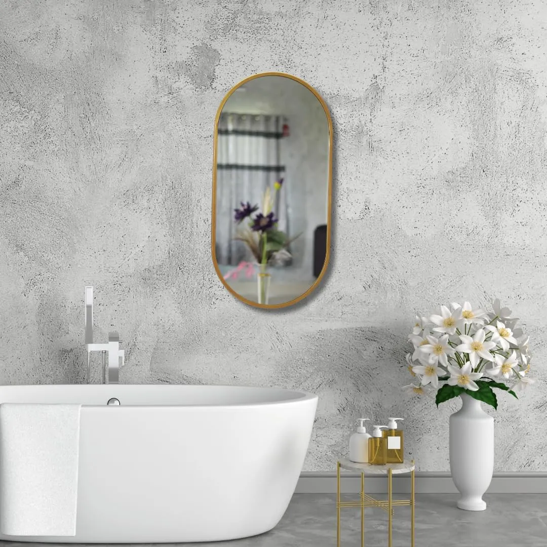 TINITALO Modern Elegance Capsule Shape Wall-Mounted Mirror Metal Framed Wall Mirror Bathroom Mirror Living Room Mirror Home Decor Mirror 18 x 36 Inches Golden MF 111