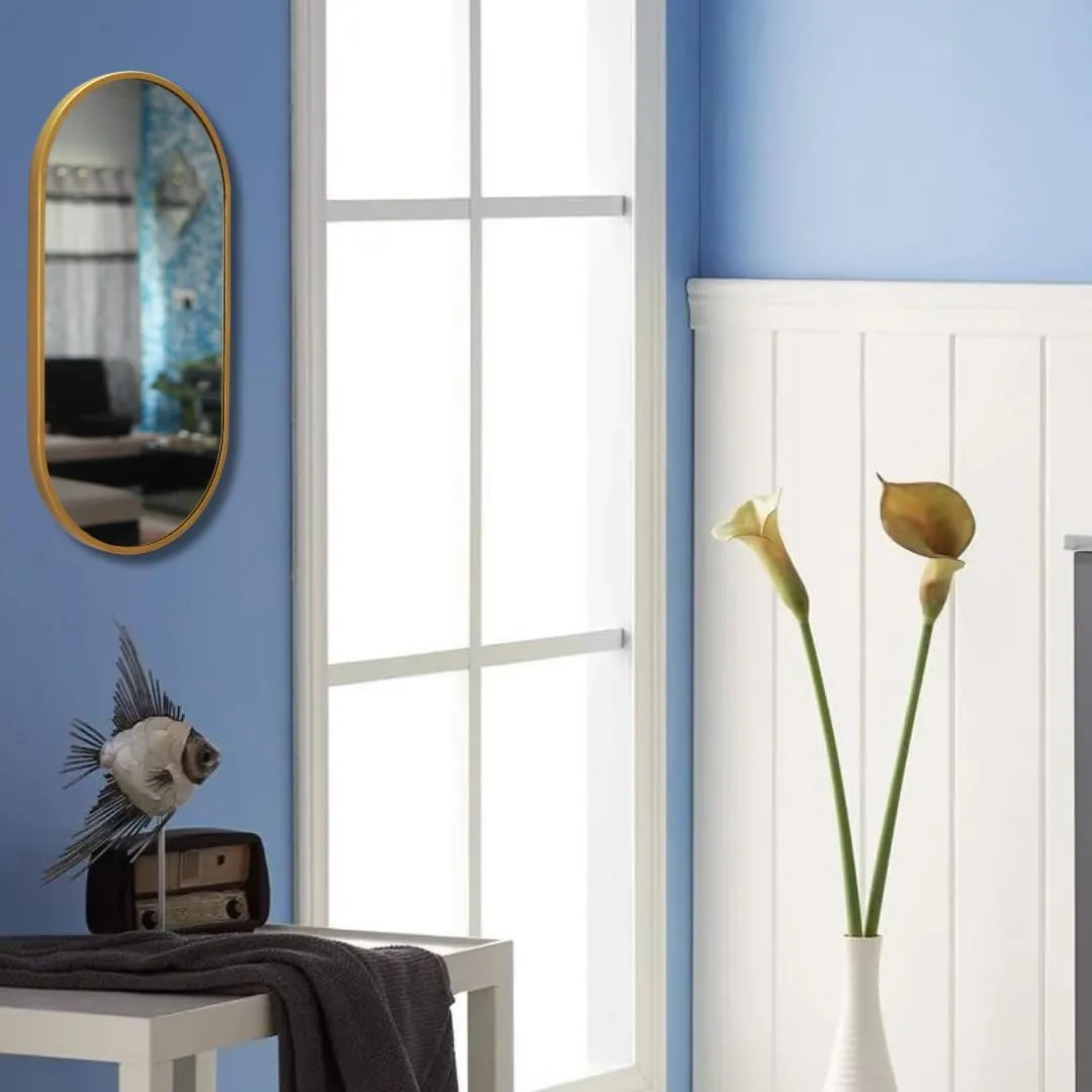 TINITALO Modern Elegance Capsule Shape Wall-Mounted Mirror Metal Framed Wall Mirror Bathroom Mirror Living Room Mirror Home Decor Mirror 18 x 36 Inches Golden MF 111