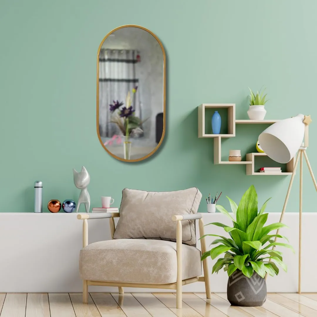 TINITALO Modern Elegance Capsule Shape Wall-Mounted Mirror Metal Framed Wall Mirror Bathroom Mirror Living Room Mirror Home Decor Mirror 18 x 36 Inches Golden MF 111