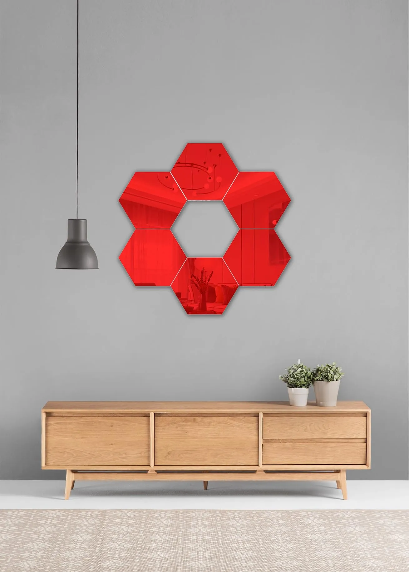 TLISMI Hexagon Peel-and-Stick Unbreakable Acrylic Mirror Shatterproof Flexible Decorative Self-Adhesive DIY Mirror Panels Tiles Non-Glass Mirror Stickers for Gym & Home Décor (Red)- 18 x 21cm