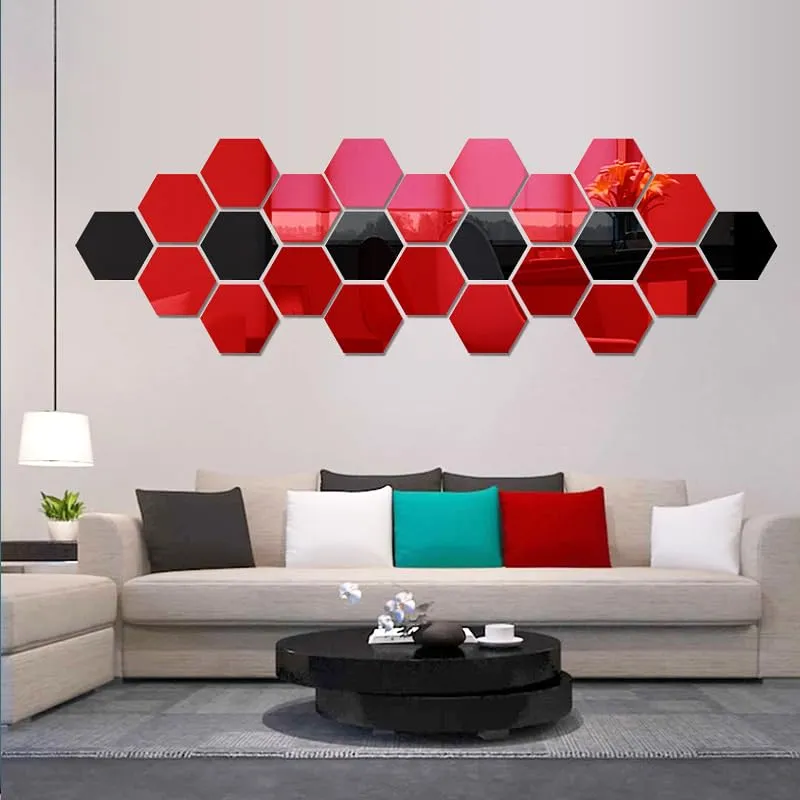 TLISMI Hexagon Peel-and-Stick Unbreakable Acrylic Mirror Shatterproof Flexible Decorative Self-Adhesive DIY Mirror Panels Tiles Non-Glass Mirror Stickers for Gym & Home Décor (Red)- 18 x 21cm