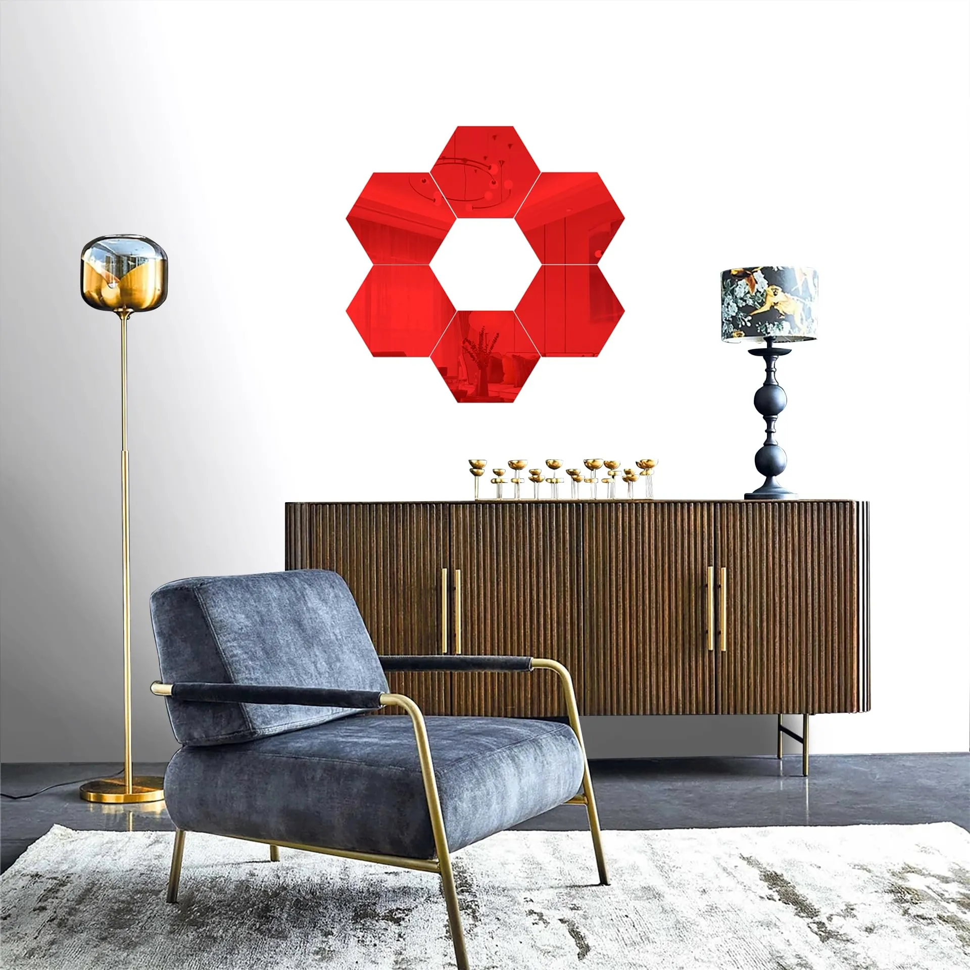 TLISMI Hexagon Peel-and-Stick Unbreakable Acrylic Mirror Shatterproof Flexible Decorative Self-Adhesive DIY Mirror Panels Tiles Non-Glass Mirror Stickers for Gym & Home Décor (Red)- 18 x 21cm