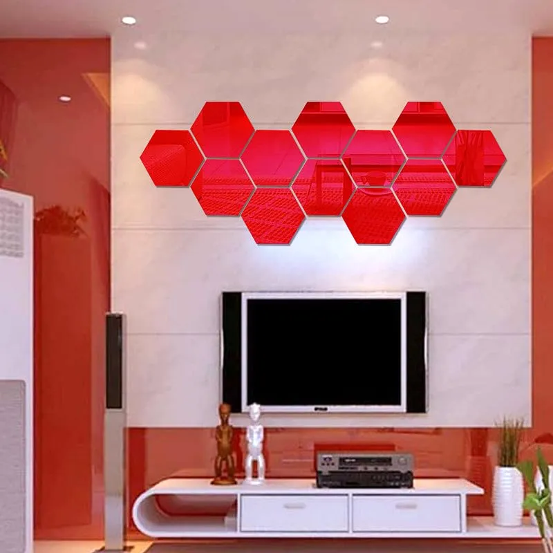 TLISMI Hexagon Peel-and-Stick Unbreakable Acrylic Mirror Shatterproof Flexible Decorative Self-Adhesive DIY Mirror Panels Tiles Non-Glass Mirror Stickers for Gym & Home Décor (Red)- 18 x 21cm