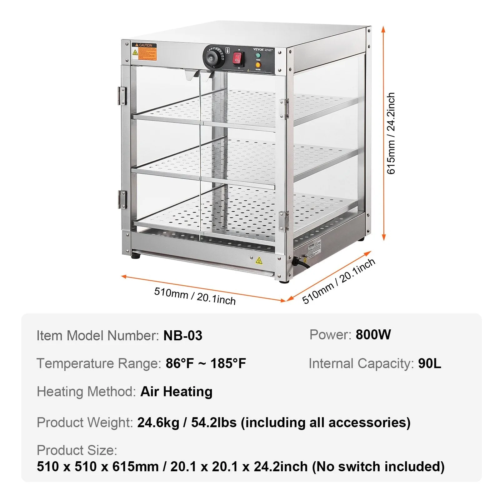 Vevor Commercial Food Warmer 3-Tier Stainless Steel 95 Qt Countertop Display with LED Lights 800W New
