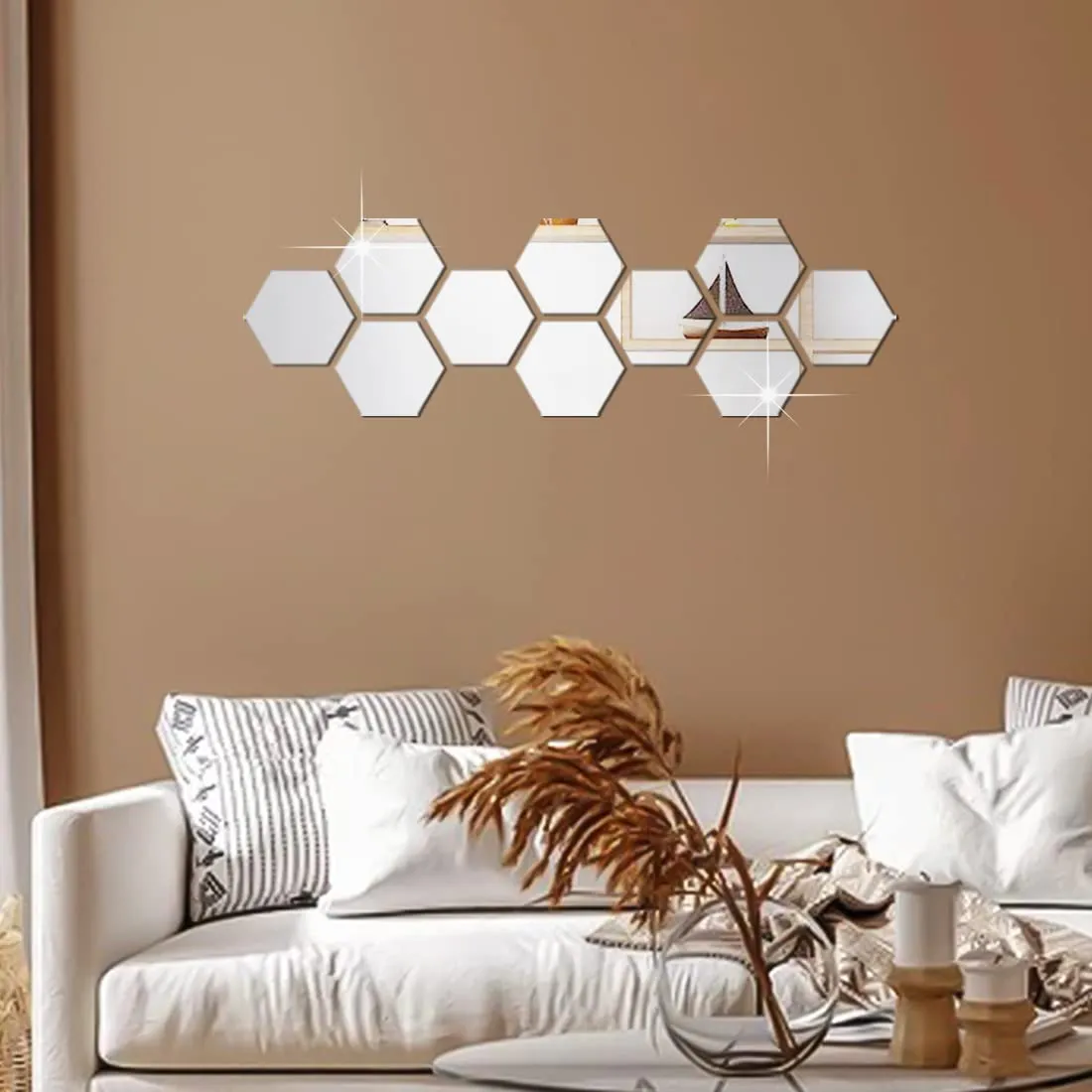 WallDaddy Mirror Stickers For Wall | Pack Of (10 Hexagon Silver) 3D Acrylic Decorative Mirror Wall Stickers, Mirror For Walls | Home | Hall | Bedroom | Bathroom | Livingroom | Kitchen | Festivals Etc.