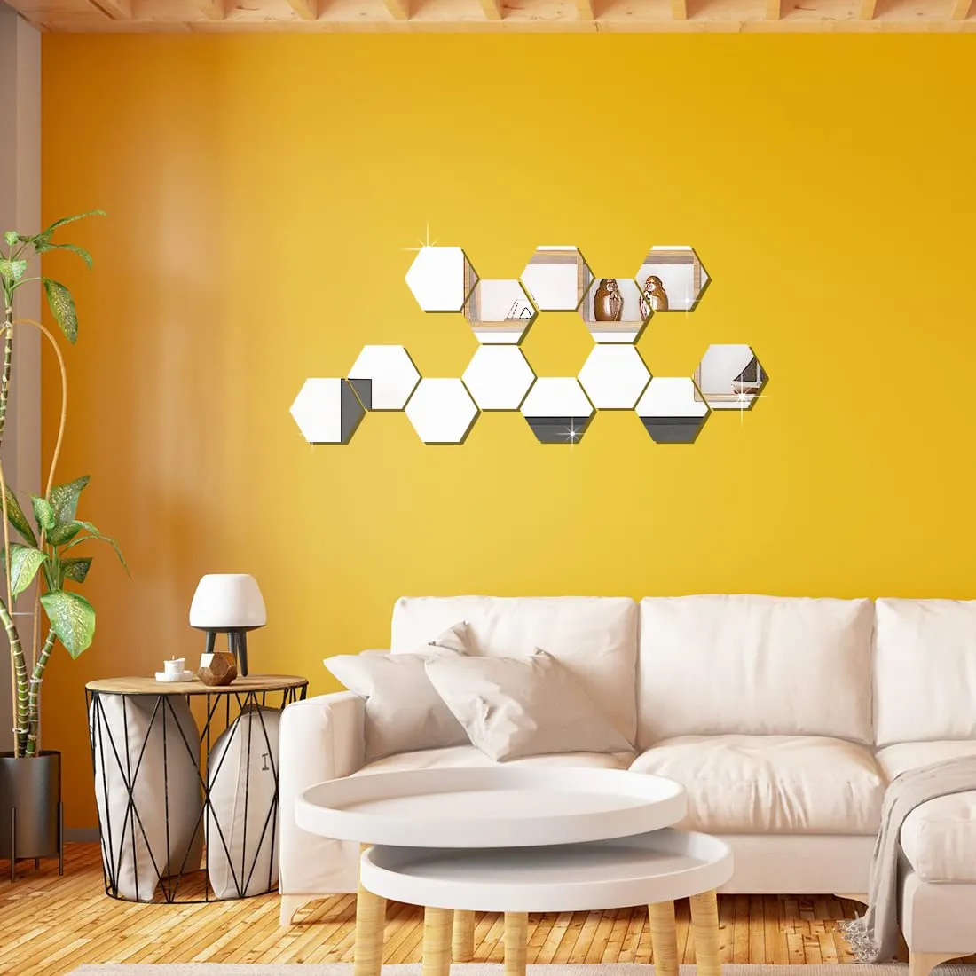 WallDaddy Mirror Stickers for Wall | Pack of (13 Silver Hexagun - 3D Acrylic Decorative Mirror Wall Stickers , Mirror for Wall | Home | Almira | Bedroom | Livingroom | Kitchen | Hall | KidsRoom Etc.