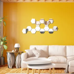 WallDaddy Mirror Stickers for Wall | Pack of (13 Silver Hexagun - 3D Acrylic Decorative Mirror Wall Stickers , Mirror for Wall | Home | Almira | Bedroom | Livingroom | Kitchen | Hall | KidsRoom Etc.