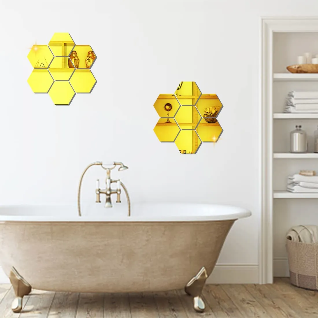 WallDaddy Mirror Stickers for Wall | Pack of (14 Gold Hexagun - 3D Acrylic Decorative Mirror Wall Stickers , Mirror for Wall | Home | Almira | Bedroom | Livingroom | Kitchen | Hall | KidsRoom Etc.