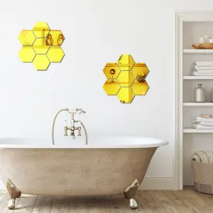 WallDaddy Mirror Stickers for Wall | Pack of (14 Gold Hexagun - 3D Acrylic Decorative Mirror Wall Stickers , Mirror for Wall | Home | Almira | Bedroom | Livingroom | Kitchen | Hall | KidsRoom Etc.