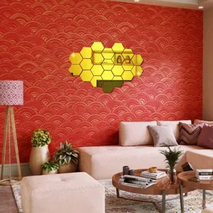 WallDaddy Mirror Stickers for Wall | Pack of (22 Gold Hexagun - 3D Acrylic Decorative Mirror Wall Stickers , Mirror for Wall | Home | Almira | Bedroom | Livingroom | Kitchen | Hall | KidsRoom Etc.