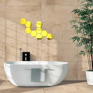 WallDaddy Mirror Stickers for Wall | Pack of (9 Gold Hexagun - 3D Acrylic Decorative Mirror Wall Stickers , Mirror for Wall | Home | Almira | Bedroom | Livingroom | Kitchen | Hall | KidsRoom Etc.