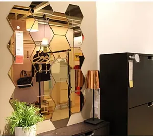 WallDaddy Plastic 3D Hexagon Mirror Wall Stickers - (Gold, 1.5 Mm, Large , Each Hexagon Size 10.5 Cm X 12.1 Cm , Pack Of 2 )(Hexagonal)Unframed