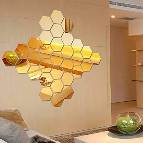 WallDaddy Plastic 3D Hexagon Mirror Wall Stickers - (Gold, 1.5 Mm, Large , Each Hexagon Size 10.5 Cm X 12.1 Cm , Pack Of 2 )(Hexagonal)Unframed