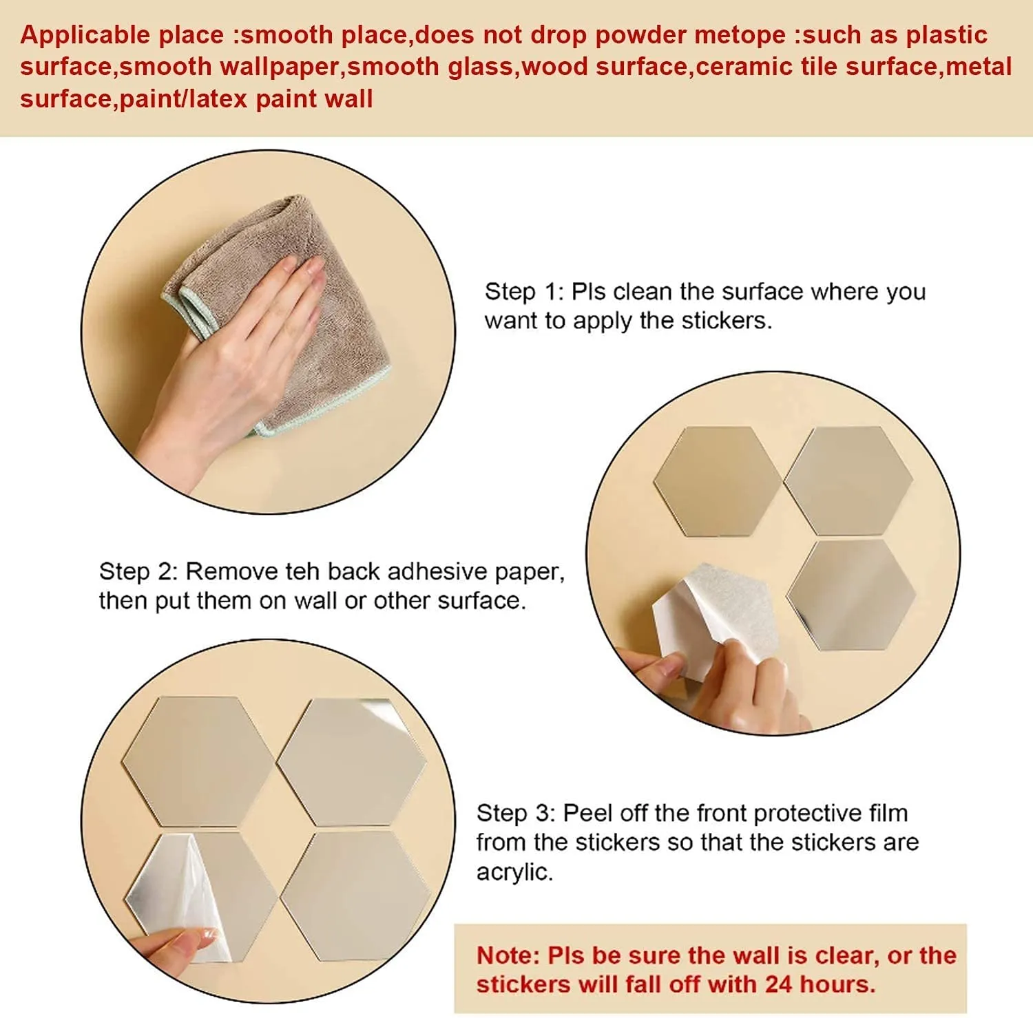 WallDaddy Plastic 3D Hexagon Mirror Wall Stickers - (Gold, 1.5 Mm, Large , Each Hexagon Size 10.5 Cm X 12.1 Cm , Pack Of 2 )(Hexagonal)Unframed