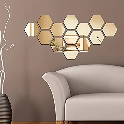 WallDaddy Plastic 3D Hexagon Mirror Wall Stickers - (Gold, 1.5 Mm, Large , Each Hexagon Size 10.5 Cm X 12.1 Cm , Pack Of 2 )(Hexagonal)Unframed