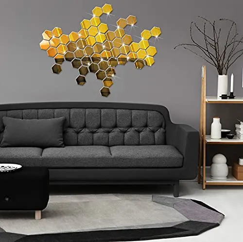 WallDaddy Plastic 3D Hexagon Mirror Wall Stickers - (Gold, 1.5 Mm, Large , Each Hexagon Size 10.5 Cm X 12.1 Cm , Pack Of 2 )(Hexagonal)Unframed