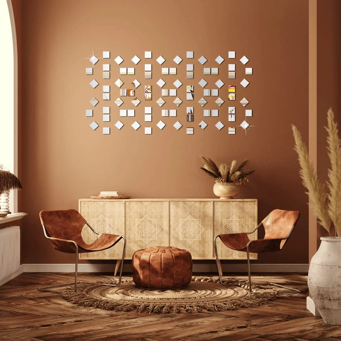 WallDaddy Self Adhesive Mirror Wall Stickers | Pack of (86 Square Chips Silver) 3D Acrylic Decorative Mirror Stickers, Mirror for Wall | Home | Bedroom | Bathroom | Kitchen | Festivals Decoration